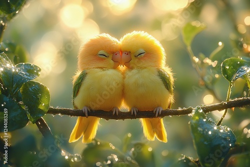 Small yellow bird cuddling with a pair of parrotlets on a thin branch in natural setting photo