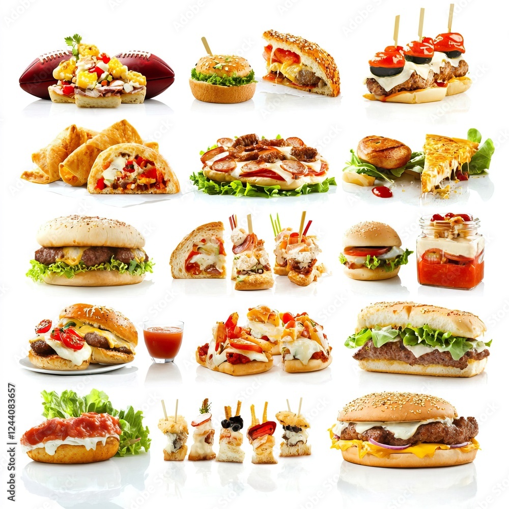 Diverse Selection of Gourmet Fast Food and Appetizers on White Background Diverse Selection of Gourmet Fast Food and Appetizers on White Background