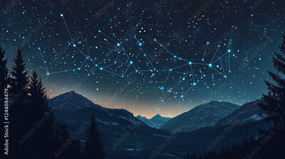 Cloud technology. Polygonal wireframe mesh art with crumbled edge on blue night sky with dots, stars and looks like constellation. Concept illustration or background Cloud technology. Polygonal wireframe mesh art with crumbled edge on blue night sky with dots, stars and looks like constellation. Concept illustration or background