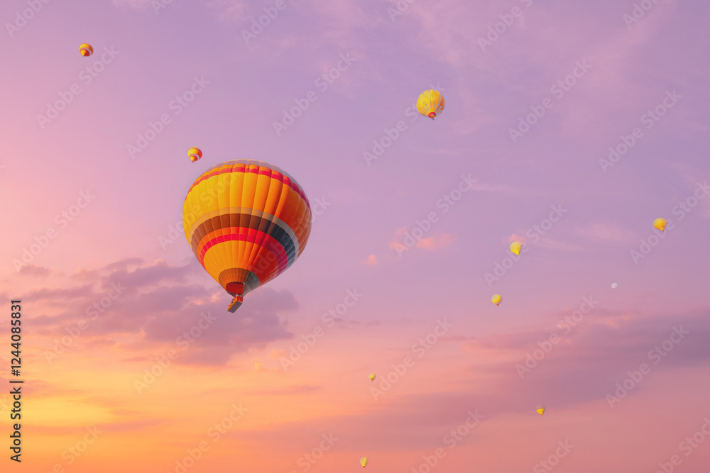 Obraz premium Amazing aerial view of beautiful hot air balloons at sunset in Cappadocia, Turkey