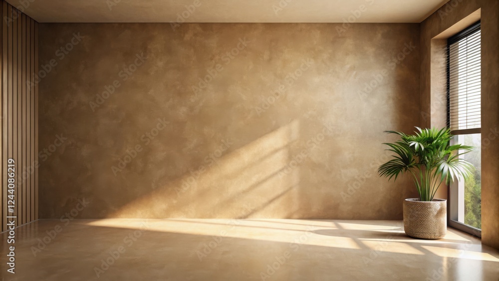 Fototapeta premium Sunlit Minimalist Room with Textured Wall and Potted Plant