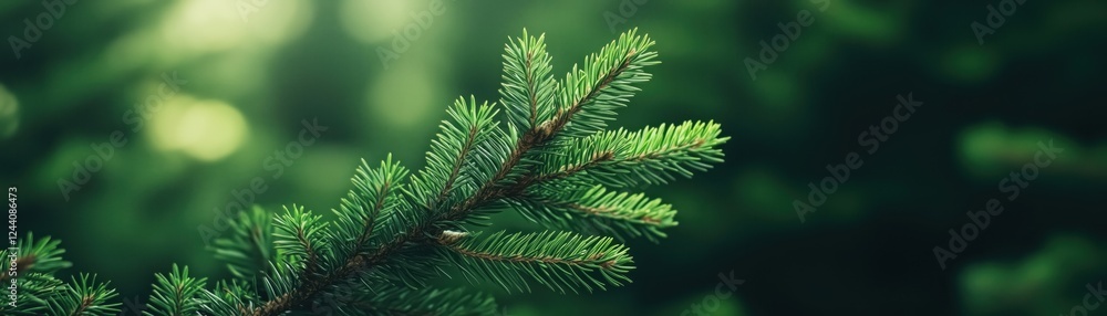 Naklejka premium Close-Up of Fresh Evergreen Pine Branch Against Blurred Green Background