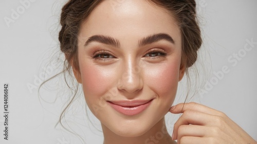 young woman’s face, creating an intimate and personal feel. She has a mature yet soft facial structure, with high cheekbones, a gently defined jawline, and full, naturally shaped lips. Her skin is smo