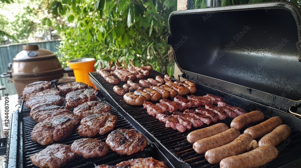 charcoal grill in a backyard with a variety of meats like burgers and sausages, creating the perfect atmosphere for a summer BBQ charcoal grill in a backyard with a variety of meats like burgers and sausages, creating the perfect atmosphere for a summer BBQ
