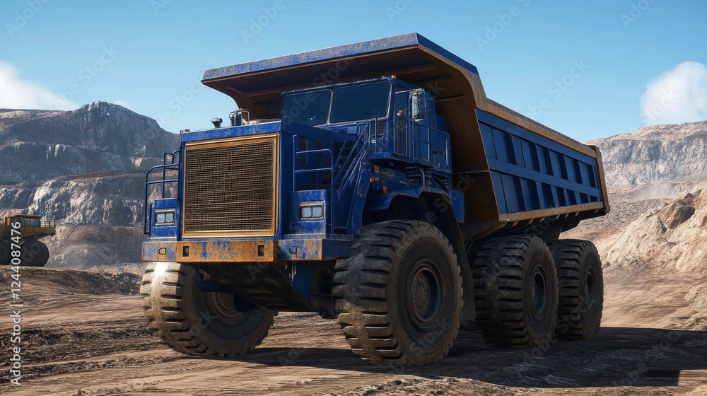 Dump truck. Abstract 3d large dumper on blue. Low pole. Mining machinery, industry equipment, Heavy career truck, open extraction, anthracite coal, gold mining, australian quarry, dumptruck concept Dump truck. Abstract 3d large dumper on blue. Low pole. Mining machinery, industry equipment, Heavy career truck, open extraction, anthracite coal, gold mining, australian quarry, dumptruck concept
