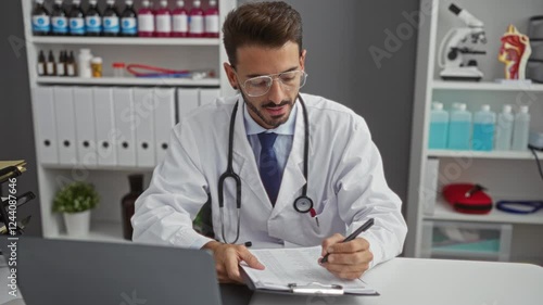 Wallpaper Mural Young man wearing a doctor's coat and glasses writes notes in a hospital room, surrounded by medical equipment and files, conveying a professional healthcare setting. Torontodigital.ca