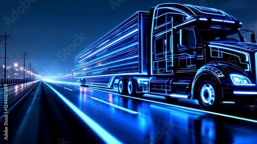 Futuristic semi truck with glowing blue neon lights racing on night highway. Modern transportation concept with illuminated trailer. Dynamic logistics scene with light trails