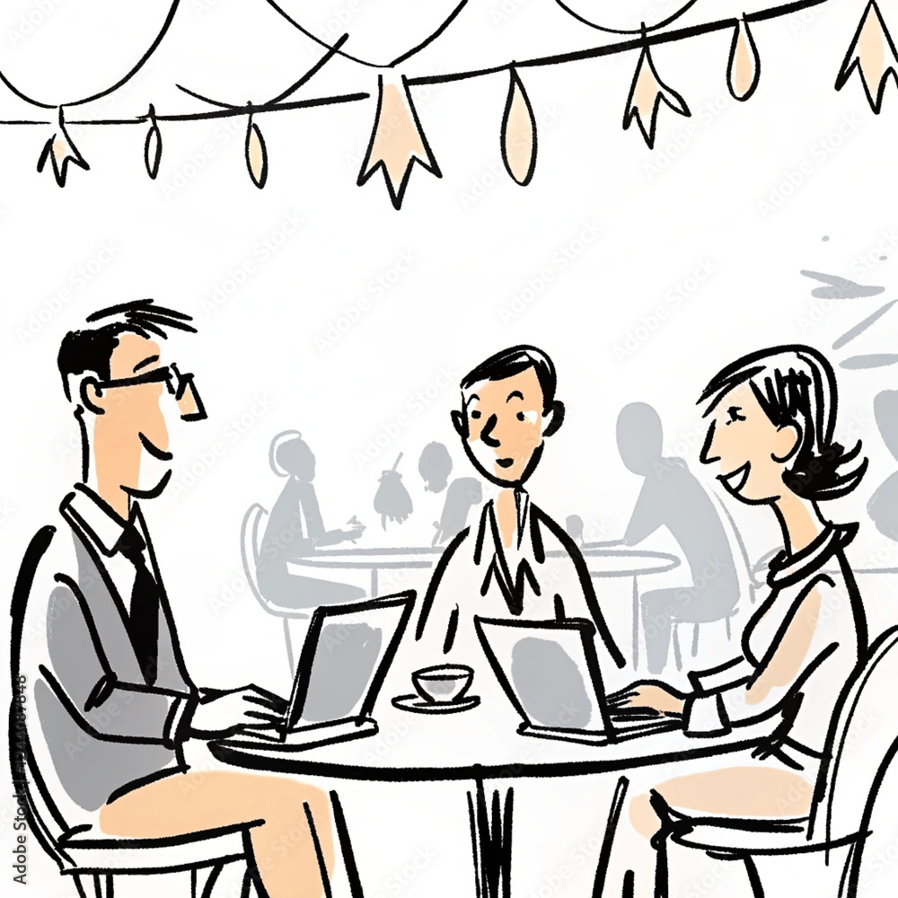 Business meeting in a café, several people sitting at the table Business meeting in a café, several people sitting at the table