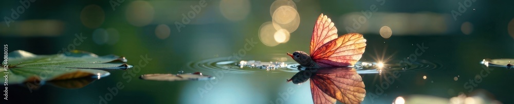 Tiny iridescent wings skim serene pond surface, nature, sun Tiny iridescent wings skim serene pond surface, nature, sun