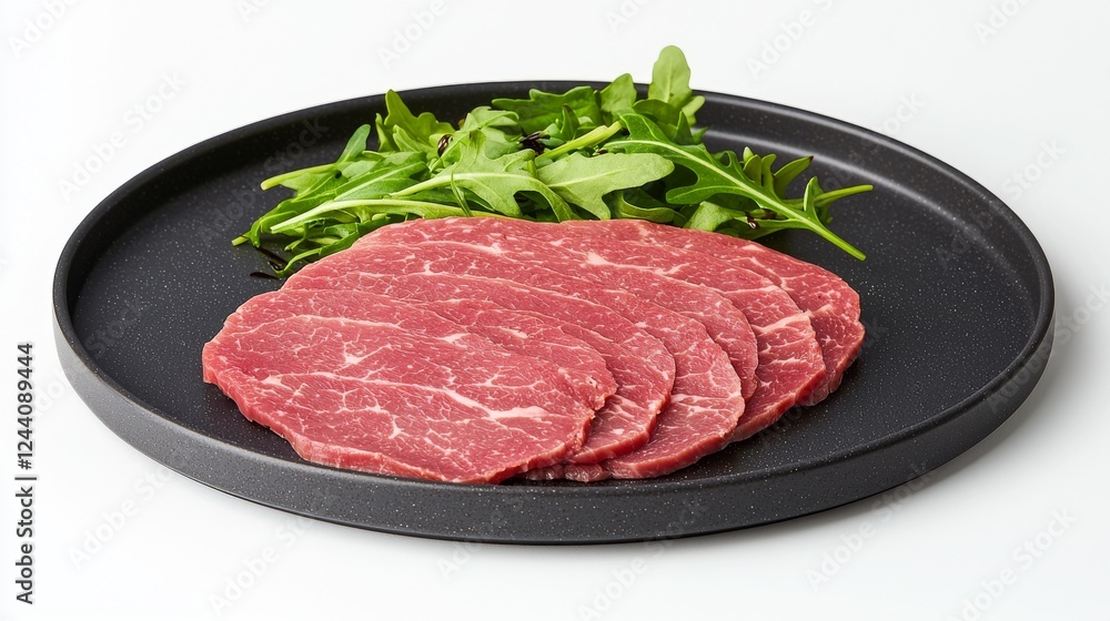 Freshly sliced raw beef served on a black plate with a side of vibrant green arugula for a delicious presentation. Freshly sliced raw beef served on a black plate with a side of vibrant green arugula for a delicious presentation.