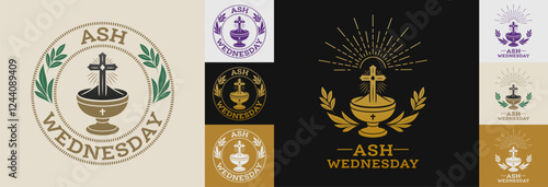 Ash Wednesday, Lent holy week Christian catholic celebration, emblem collection set