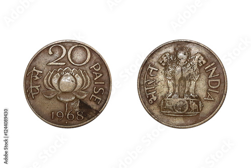 20 Paise 1968 coin. Coin of India. Coin 20 paise 1968 Obverse and Reverse on white background