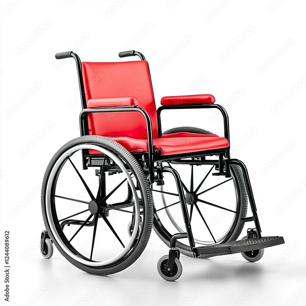 Fototapeta premium Bright Red Wheelchair on White Background for Accessibility Themes