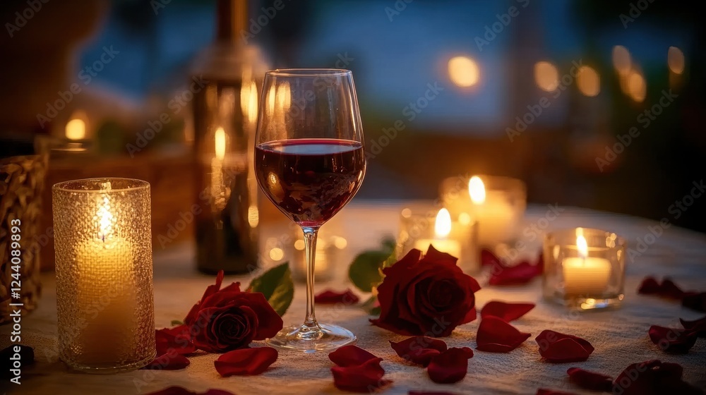 Romantic candlelit dinner setting with red wine and roses Romantic candlelit dinner setting with red wine and roses