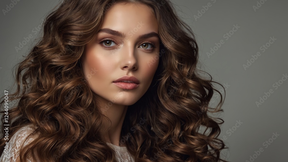 Fototapeta premium Brown-haired woman with curly locks poses for a portrait against a neutral background in a soft light setting