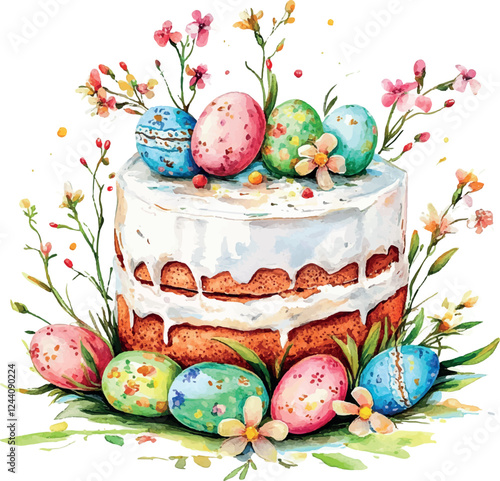 Watercolor Easter cake with flowers and colored eggs