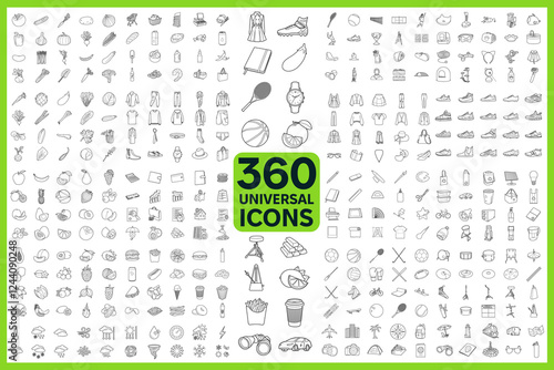 A set of 360 linear icons in a minimalist style. Versatile vector icons covering various themes such as sports, fruits and vegetables, tourism, clothing, design, weather, and business.