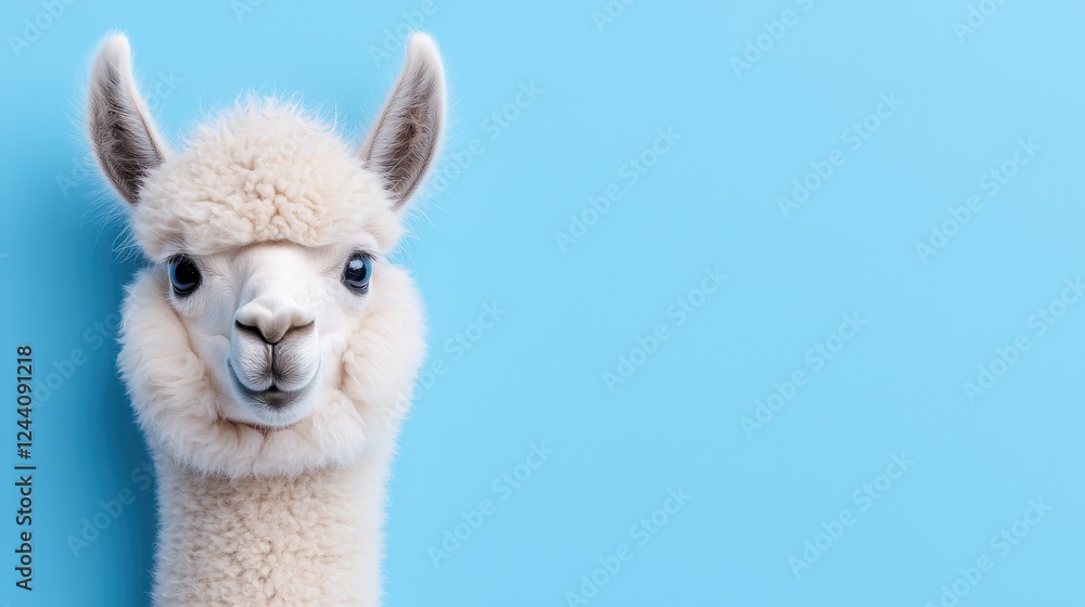Obraz premium Close-up portrait of a fluffy alpaca with a playful expression against a bright blue background.