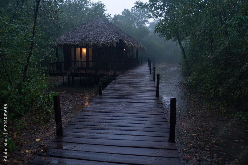 Obraz premium A wooden bridge leads to a small hut in the woods