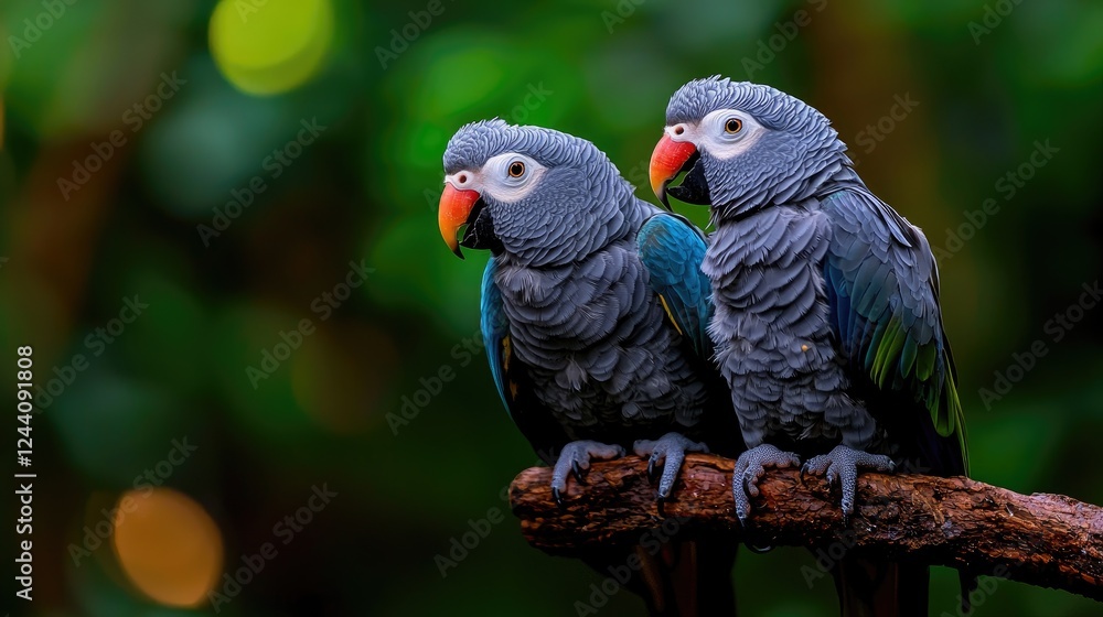 Obraz premium Two parrots perched on branch, lush green background, wildlife, nature photography