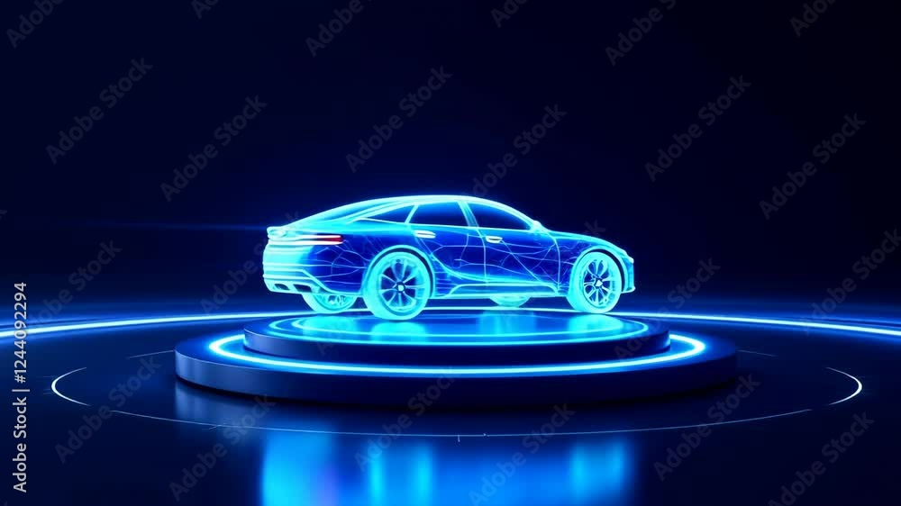 Futuristic holographic car display with glowing blue neon effect. Rotating digital automobile model on illuminated platform. High-tech automotive presentation concept. Modern design visualization