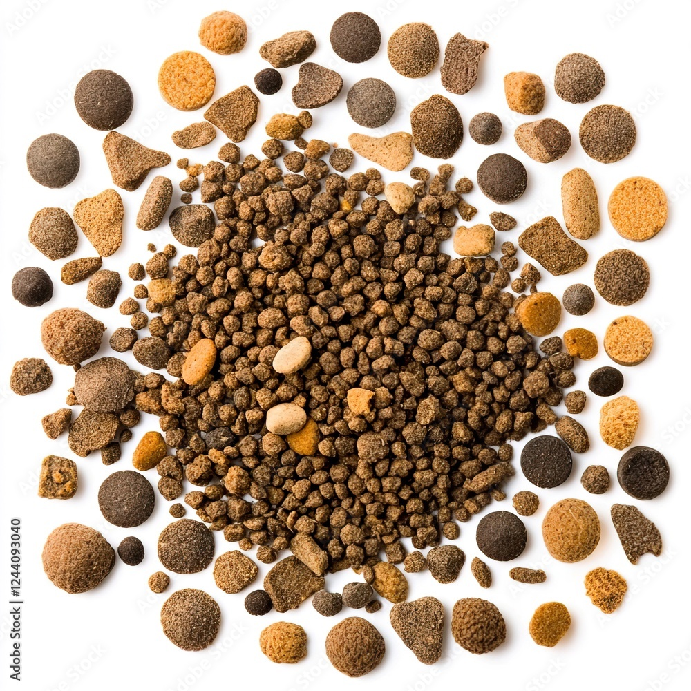 Varied Textures of Earthy Brown Grains and Pebbles on White Background