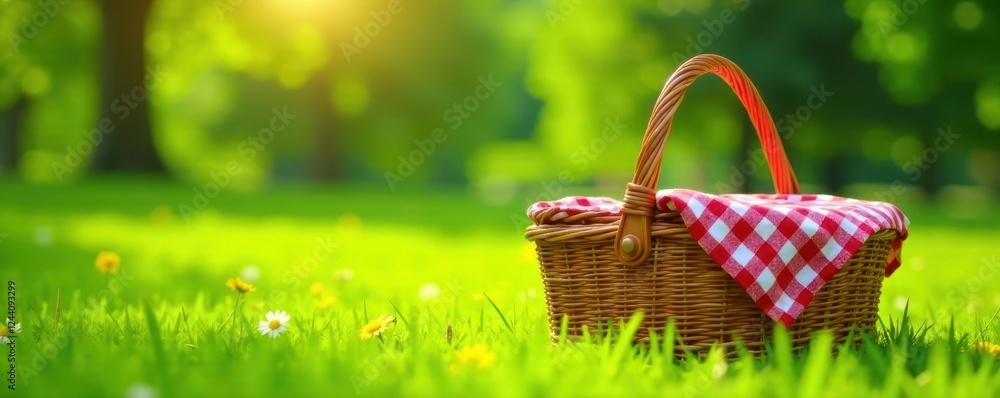 Bright green grass, a red and white checkered picnic basket, sunny summer day , bright, fresh Bright green grass, a red and white checkered picnic basket, sunny summer day , bright, fresh