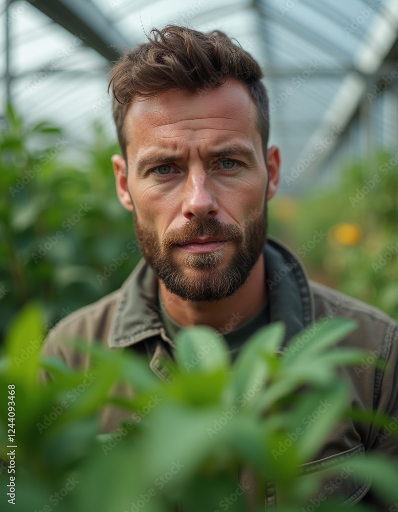 Focused bearded man among lush greenery in a bright greenhouse setting Focused bearded man among lush greenery in a bright greenhouse setting