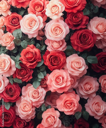 Vibrant bouquet of red and pink roses with lush green leaves