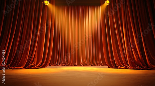 Bright orange stage curtains illuminated by warm spotlight beams in an empty theater setting.