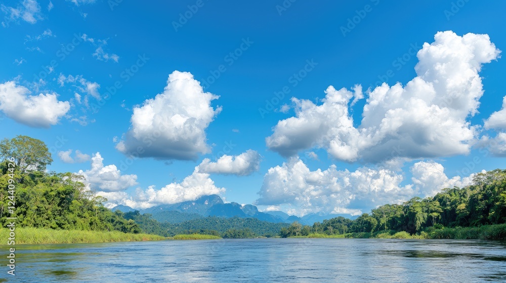 River Landscape, Lush Rainforest, Blue Sky, Clouds, Travel Poster River Landscape, Lush Rainforest, Blue Sky, Clouds, Travel Poster