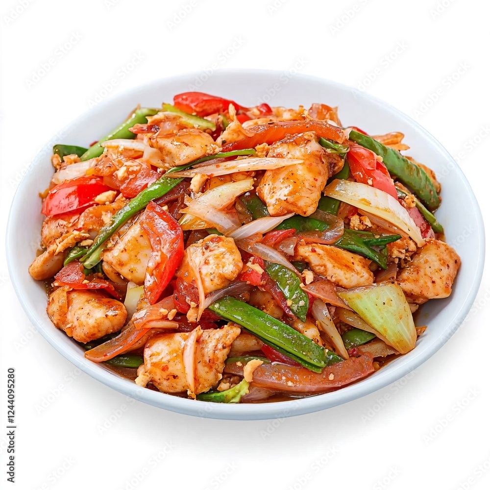 Colorful Stir-Fried Chicken with Vegetables in a White Bowl Colorful Stir-Fried Chicken with Vegetables in a White Bowl