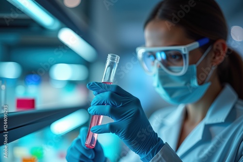 A focused female scientist examines a test tube containing a vibrant pink liquid while working diligently in a modern laboratory filled with colorful samples and advanced equipment. photo