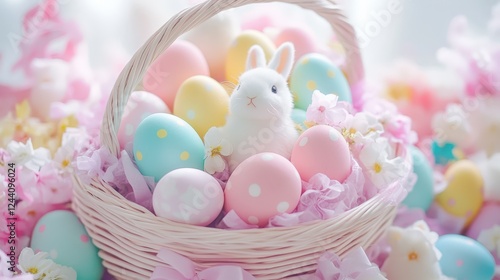 beautifully decorated Easter basket, filled with colorful eggs, chocolate bunnies, and fluffy marshmallow chicks photo