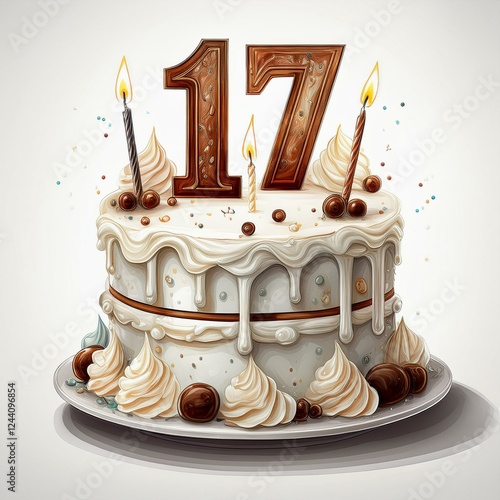 Illustration of decorated white cake for birthday or anniversary party. Number 17, seventeenth birthday celebration
