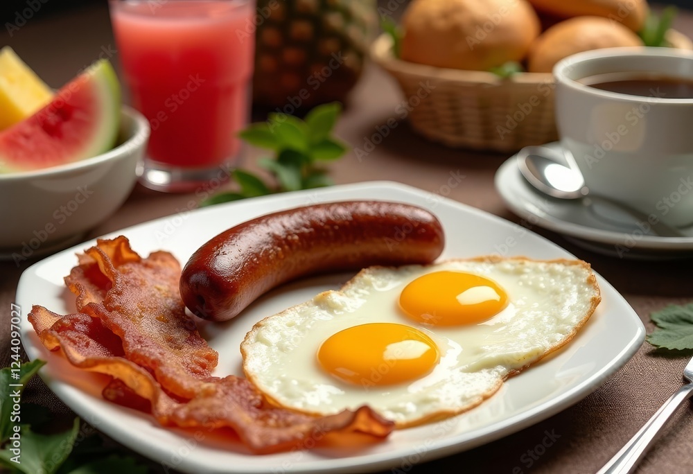 Hearty breakfast spread featuring eggs, bacon, sausage and refreshing drinks Hearty breakfast spread featuring eggs, bacon, sausage and refreshing drinks