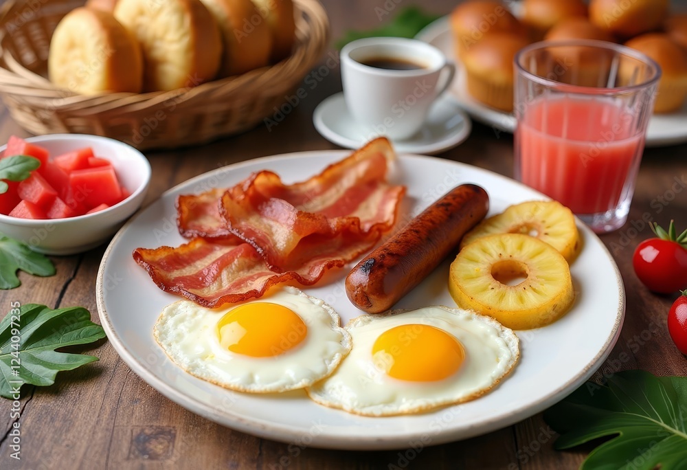 Indulge in a Delightful Breakfast: Eggs, Bacon, Sausage and Tropical Fruits Indulge in a Delightful Breakfast: Eggs, Bacon, Sausage and Tropical Fruits