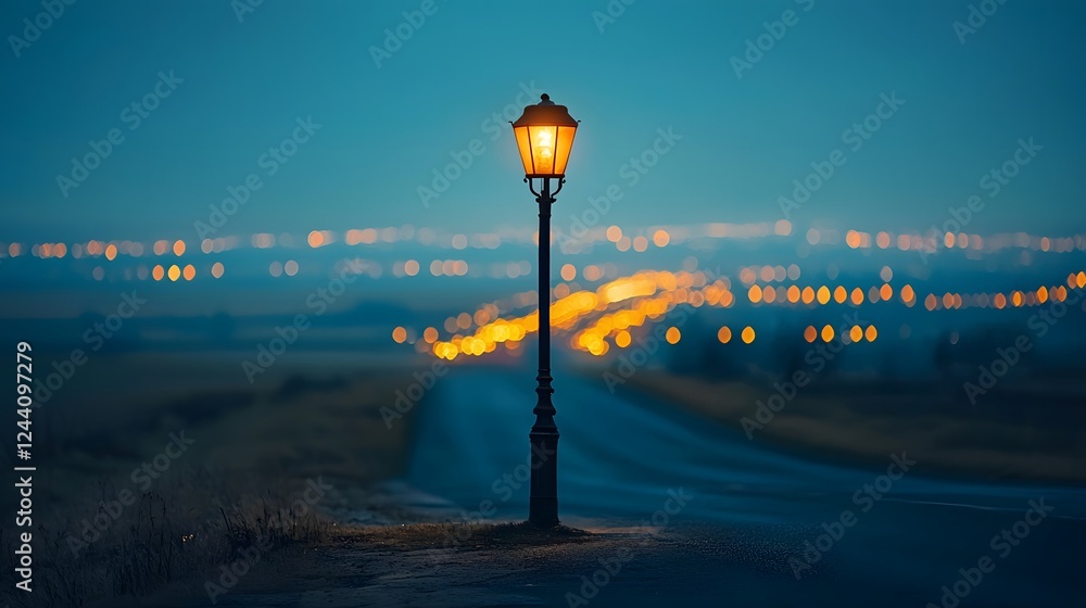 Solitary Street Lamp Illuminates Distant City Lights in Tranquil Nightscape Solitary Street Lamp Illuminates Distant City Lights in Tranquil Nightscape
