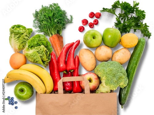 paper bag vegetables fruits on white