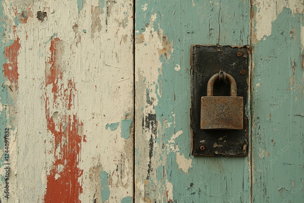 Rusty Padlock on Weathered Wooden Door Rusty Padlock on Weathered Wooden Door