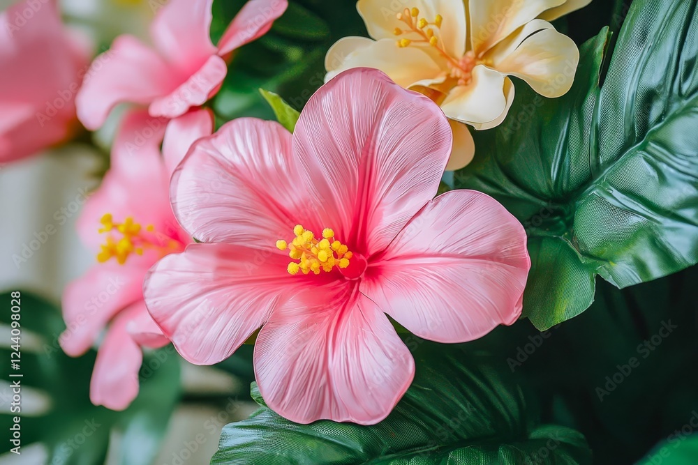 Artificial flowers and artificial leaves are neatly arranged and form a beautiful design. Artificial flowers and artificial leaves are neatly arranged and form a beautiful design.