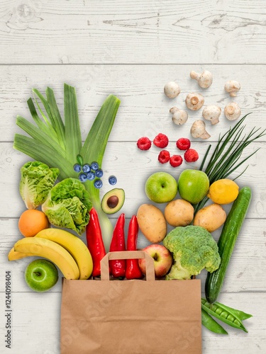 paper bag vegetables fruits on wooden