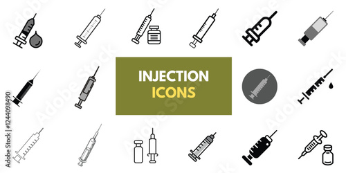 Set of Medical Injection icons, syringe icon vector black and white. Doctors often use syringes to prevent and treat malignant diseases. Injection icon, Syringe,