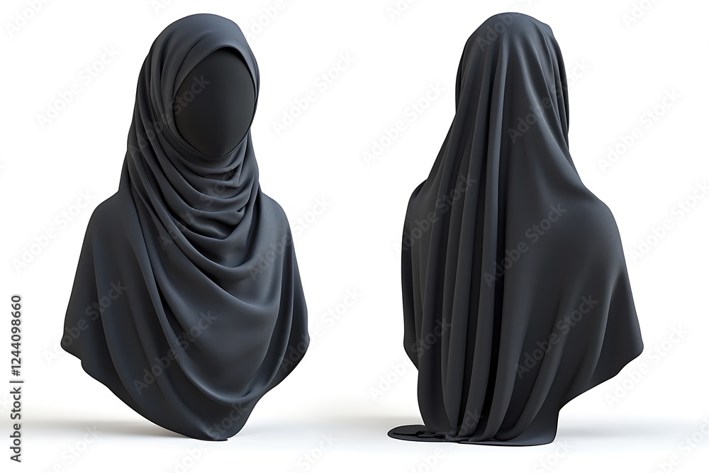 3D Render of a Dark Grey Hijab, Front and Back Views