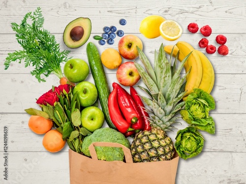 paper bag vegetables fruits on wooden