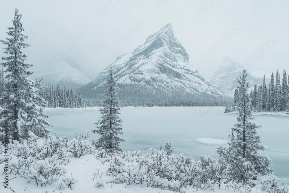 Fototapeta premium Snow covered mountains and frozen lake winter scene