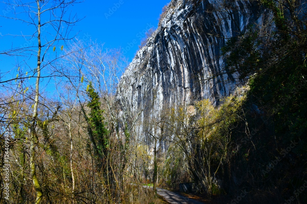Limestone rock cliff at Podtabor in Notranjska, Slovenia Limestone rock cliff at Podtabor in Notranjska, Slovenia