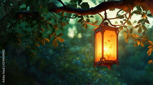 Glowing lantern hanging from a tree branch in a lush forest, magical ambiance, ideal for fantasy or fairytale themes photo