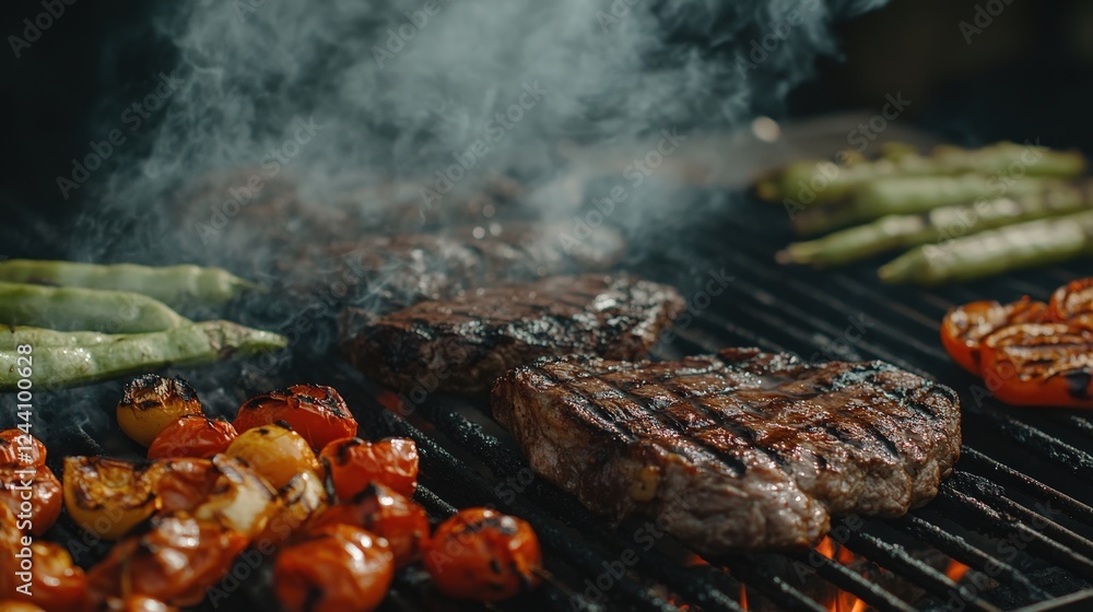 grilled vegetables and steaks on a charcoal barbecue, showing the smoke infusing the food with rich flavors grilled vegetables and steaks on a charcoal barbecue, showing the smoke infusing the food with rich flavors