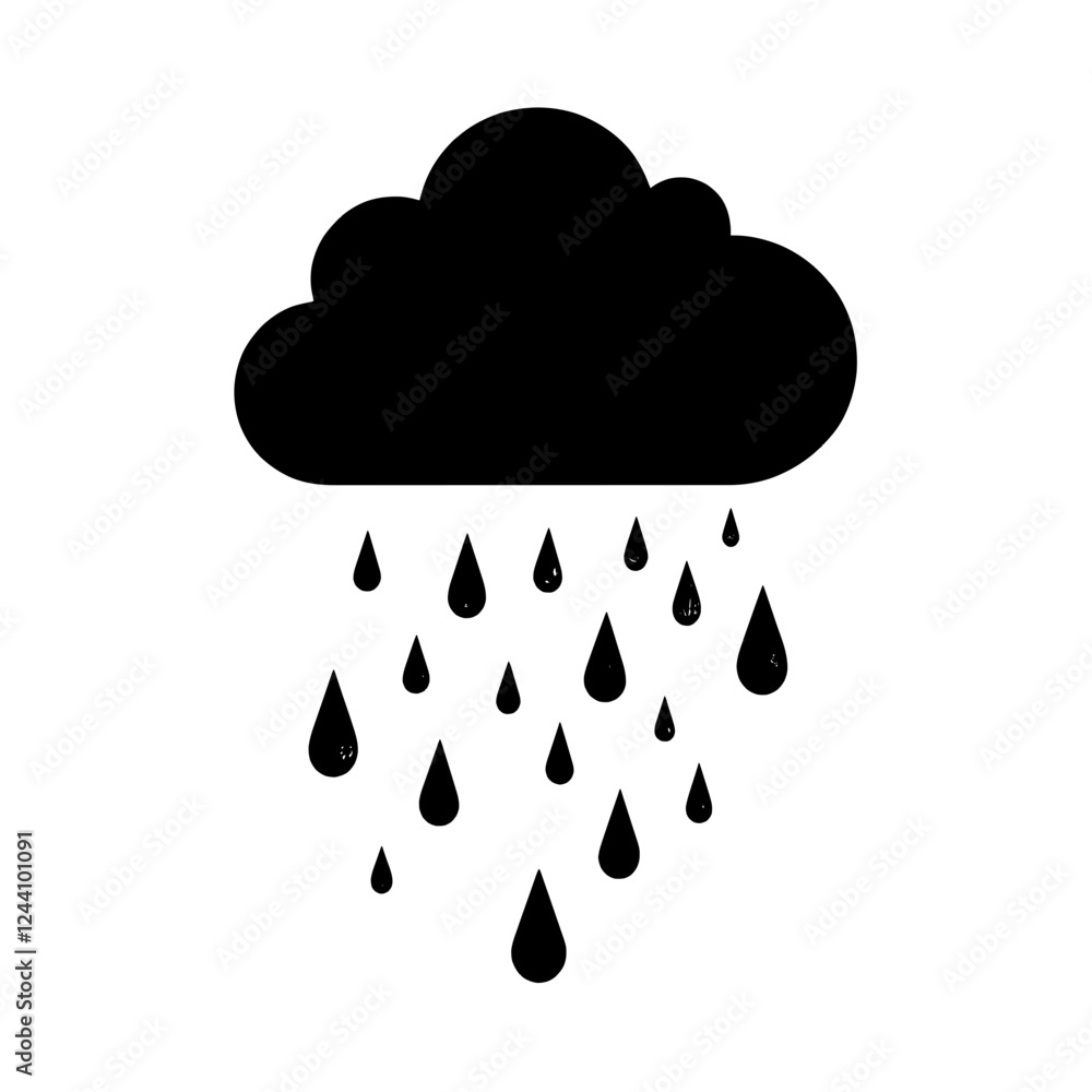 An illustration featuring a black rain cloud silhouette set against a clean white background depicting a cloud with detailed raindrops falling. An illustration featuring a black rain cloud silhouette set against a clean white background depicting a cloud with detailed raindrops falling.
